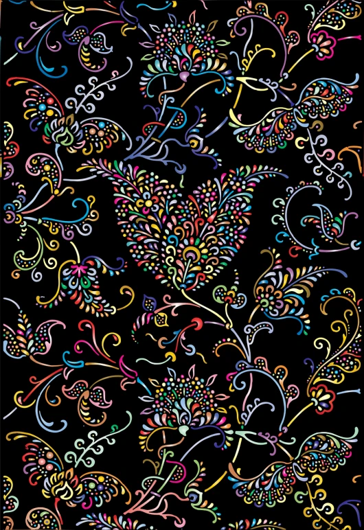 a colorful floral design on a black background, vector art, inspired by Pacita Abad, tumblr, psychedelic art, intricate ornamental flourishes, intricate venetian patterns, intricate details illustration, butterflies and worms