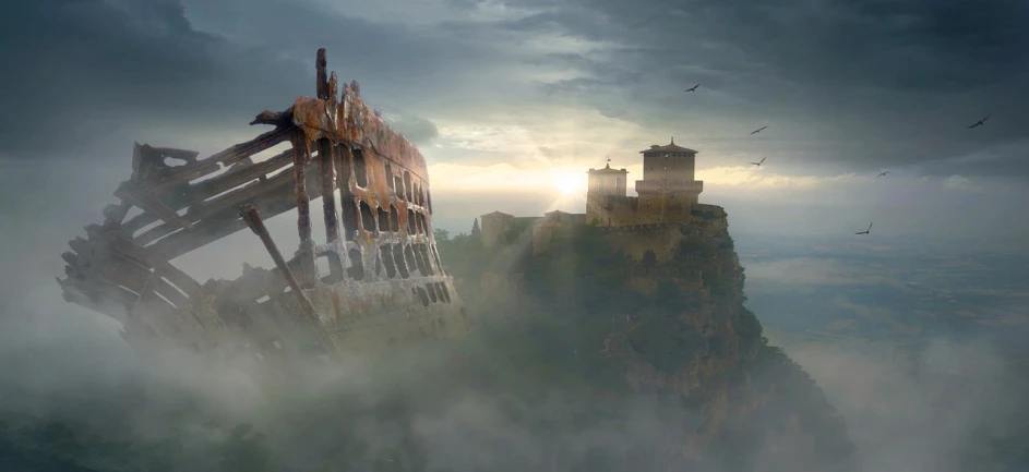 a castle sitting on top of a mountain under a cloudy sky, a matte painting, inspired by Marc Simonetti, destroyed ship, fog mads berg, ruin, renato muccillo