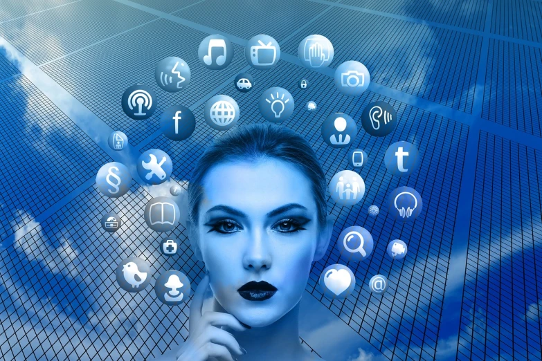 a woman with a lot of social icons coming out of her face, by Kurt Roesch, trending on pixabay, digital art, blue head, high technology, diva, square