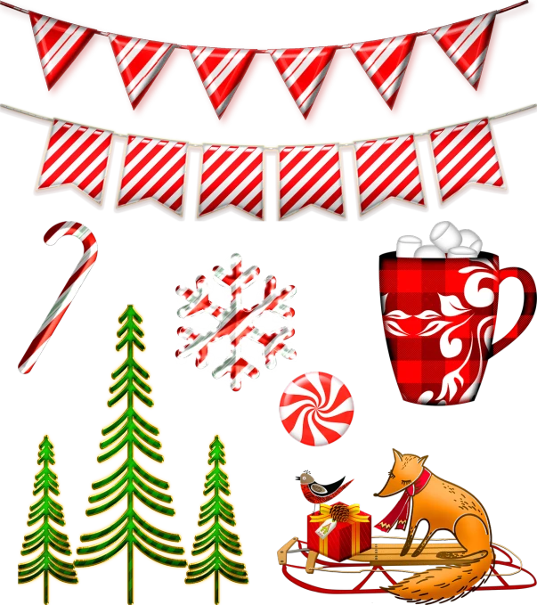a bunch of christmas items sitting on top of a table, concept art, folk art, on a flat color black background, red pennants, clip art, (snow)