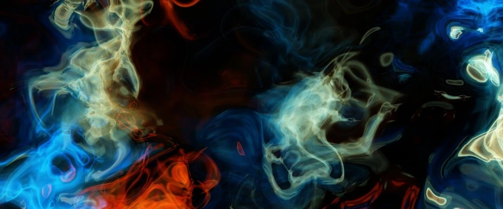 a close up of colored smoke on a black background, digital art, by Alexander Bogen, pexels, digital art, orange and blue, background image, hq 4k phone wallpaper, blue and white and red mist