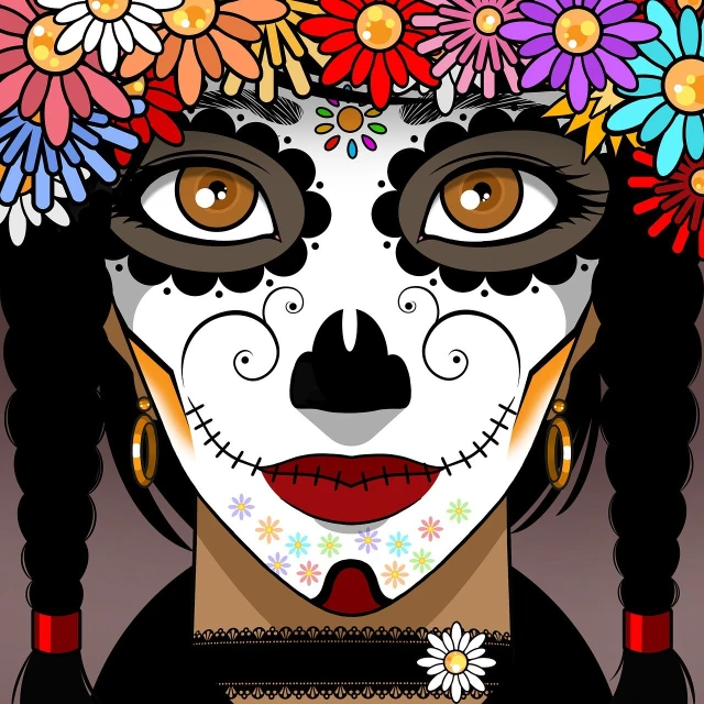 a drawing of a woman with flowers in her hair, vector art, toyism, white skeleton face, stylized make-up on face, full color illustration, face closeup