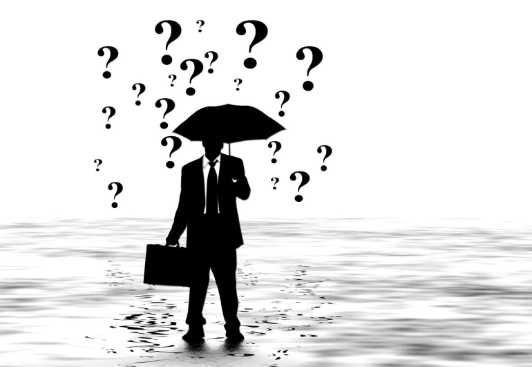 a man standing in the water with an umbrella over his head, by David Burton-Richardson, pixabay, conceptual art, question marks, black on white background, man in black suit, case
