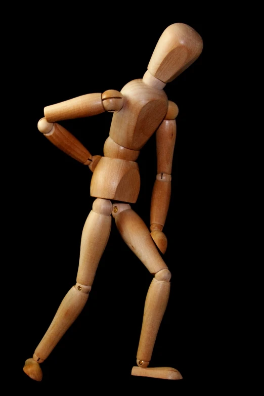 a wooden mannequin standing in front of a black background, pixabay, figuration libre, articulated joints, frustrated, shows a leg, unwind!