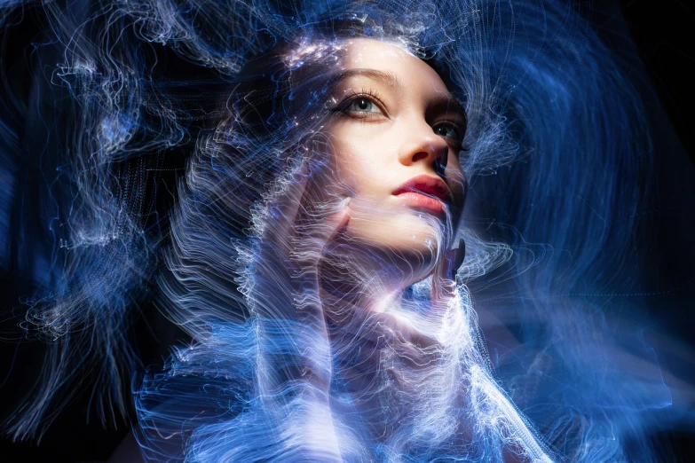 a woman with blue smoke in her hair, digital art, by Adam Marczyński, shutterstock, beauty woman in holograms, rippling electromagnetic, high quality fantasy stock photo