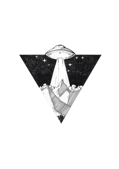 a black and white drawing of a flying saucer, tumblr, space art, mountain in the background, illuminati, tshirt design, on black paper