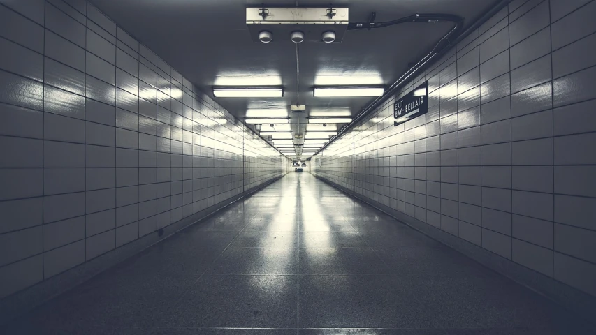 a long hallway with a light at the end of it, a picture, by Karl Buesgen, subway, clean post process, infinite, postprocessed