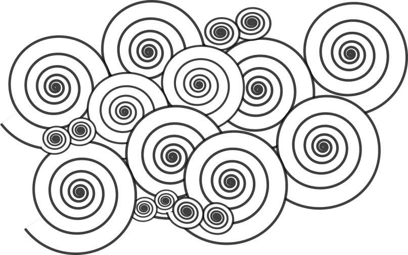 a bunch of spirals on a black background, vector art, inspired by Kagaku Murakami, trending on pixabay, 1024x1024, black and white manga panel, gustav klimt 4k, round clouds