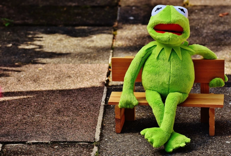 a green stuffed animal sitting on top of a wooden bench, a picture, pexels, the muppets, walking, sitting down casually, sitting on the ground