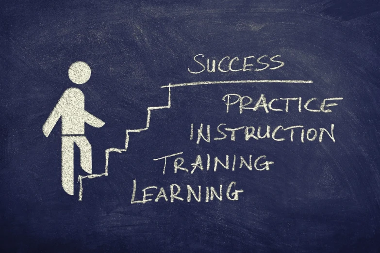 a chalkboard with the words success, practice, instruction, training and learning written on it, pixabay, happening, coming down the stairs, pictured from the shoulders up, language learning logo, ladder