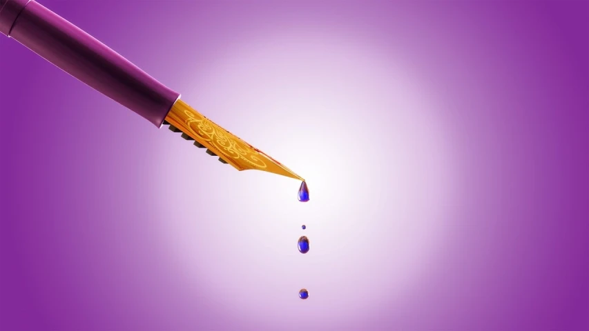 a close up of a knife with a drop of liquid coming out of it, inspired by Yves Klein, conceptual art, purple and gold color scheme, high res render, manga pen, high detail illustration
