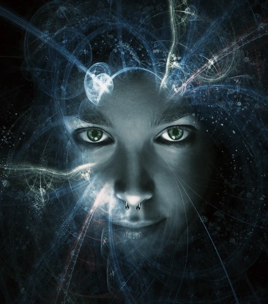 a close up of a person with green eyes, digital art, shutterstock, digital art, little girl with magical powers, fractal cyborg ninja background, detailed glowing head, goddess of space and time