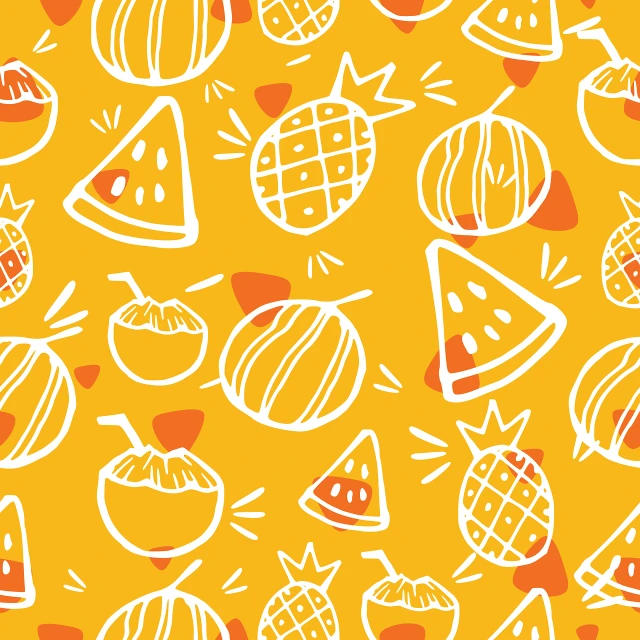 a bunch of different types of fruit on a yellow background, vector art, pixabay, art deco, seamless pattern design, 🪔 🎨;🌞🌄, orange and white color scheme, watermelon