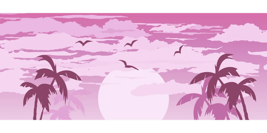 a sunset scene with palm trees and birds flying in the sky, inspired by Tetsugoro Yorozu, tumblr, giant pink full moon, banner, ; wide shot, drawn with photoshop
