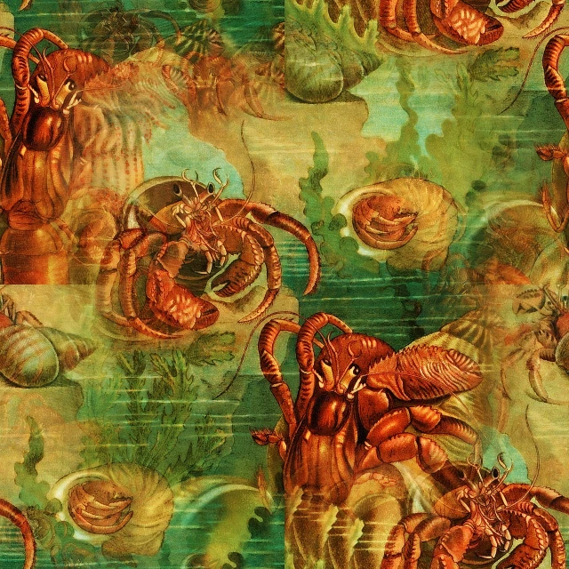 a close up of a fabric with a lot of animals on it, a digital rendering, inspired by Earnst Haeckel, steampunk stag beetle, under water visual distortion, ralph bakshi, beehive interior backgrounds
