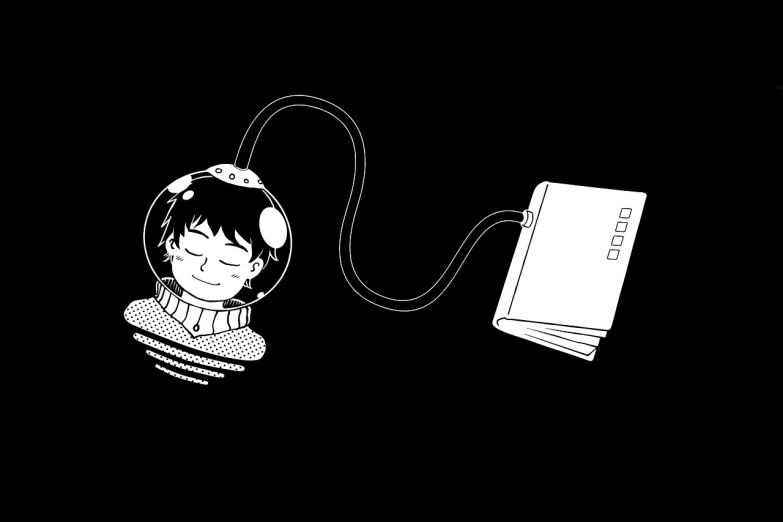 a black and white drawing of a person holding a book, a manga drawing, inspired by Ion Andreescu, tumblr, computer art, an astronaut relaxing in space, with head phones, hq 4k phone wallpaper, sarah andersen