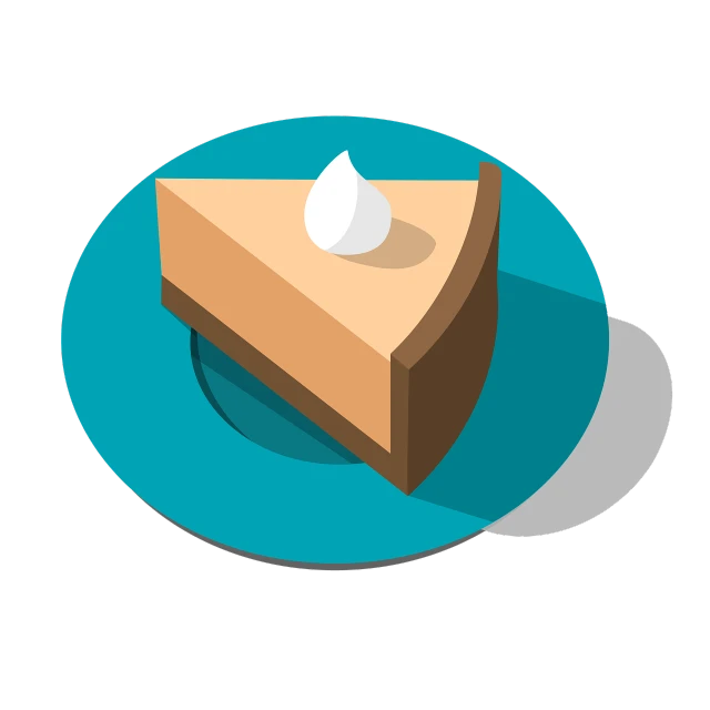 a piece of pie sitting on top of a blue plate, a low poly render, inspired by Emiliano Ponzi, conceptual art, on a flat color black background, isometric angles, whipped cream on top, brown and cyan color scheme