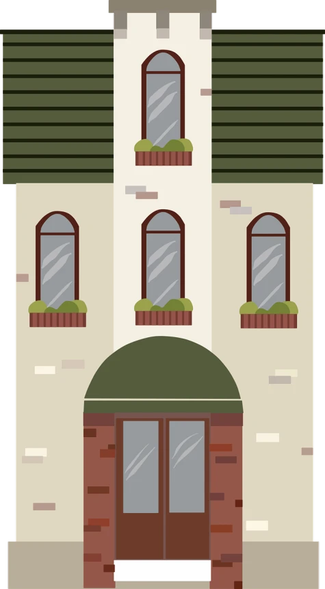 a building with two windows and a green roof, a digital rendering, inspired by Luigi Kasimir, pixabay, art nouveau, flat vector, 1128x191 resolution, house's and shops and buildings, brick building