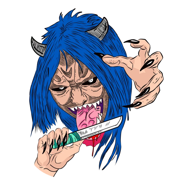 a close up of a person holding a knife, vector art, transgressive art, little angry girl with blue hair, mouth of hell, girl design lush horns, full color illustration