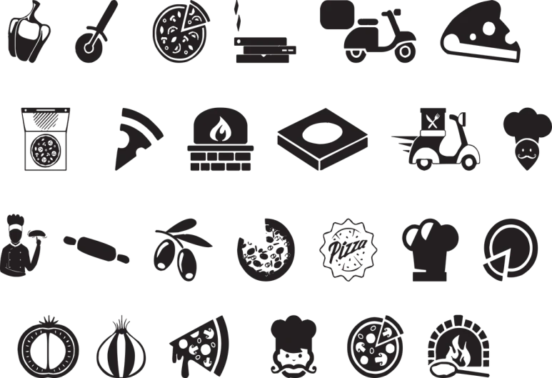 a bunch of black and white icons on a black background, by Matt Cavotta, cooking pizza, background image, vendors, banner