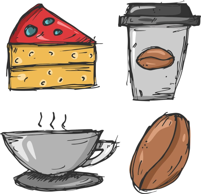 a cup of coffee and a piece of cake, process art, cheeses, color vector, sketches, with a black background