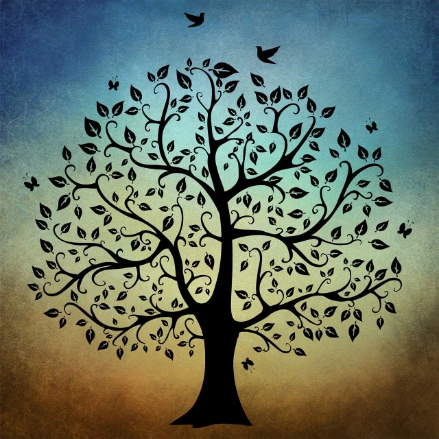 a painting of a tree with birds flying around it, vector art, folk art, looks like a tree silhouette, highly ornate, ancient”, portrait photo