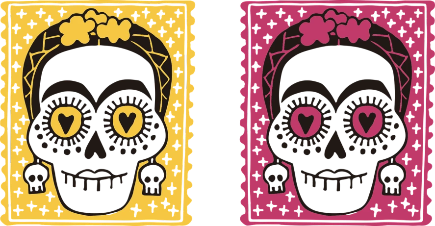a couple of skulls sitting next to each other, vector art, inspired by Gina Pellón, mail art, black and yellow and red scheme, pink and yellow, stamp, icon
