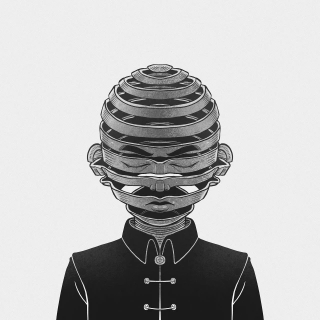 a black and white drawing of a man with a stack of plates on his head, digital art, inspired by Ivan Generalić, trending on behance, mummy portrait, detailed symmetrical, junji ito style, portrait of monk