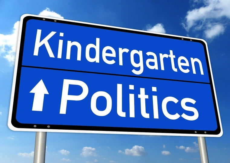 a blue street sign sitting on the side of a road, a digital rendering, shutterstock, heidelberg school, political cartoon style, toddler, politicians, kindness