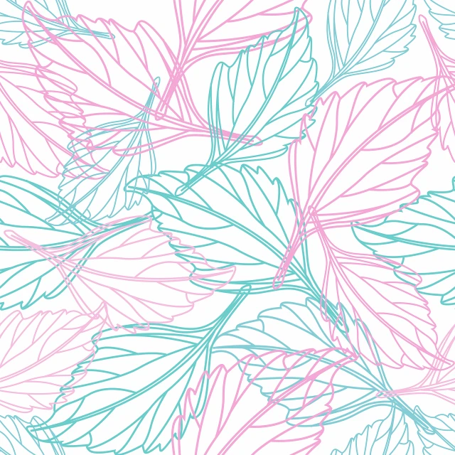 a pattern of pink and blue leaves on a white background, lineart, inspired by Peter Alexander Hay, shutterstock, mint leaves, vector line - art style, hyper detail illustration, high detail illustration