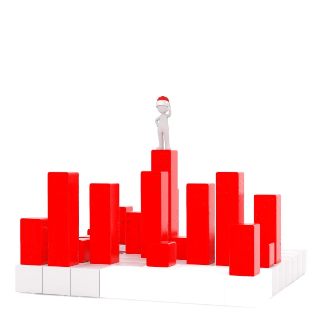 a man standing on top of a stack of red blocks, a stock photo, art deco, porcelain holly herndon statue, 3 d city, platinum, slightly pixelated