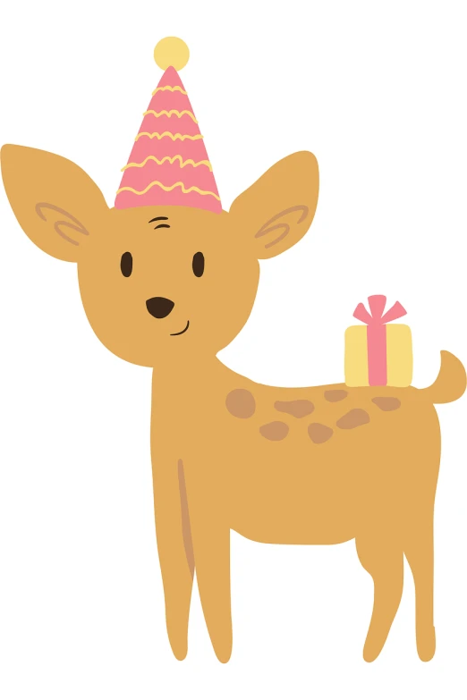 a cartoon deer wearing a party hat and holding a present, a pastel, mingei, toddler, high - res, happy appearance, an olive skinned