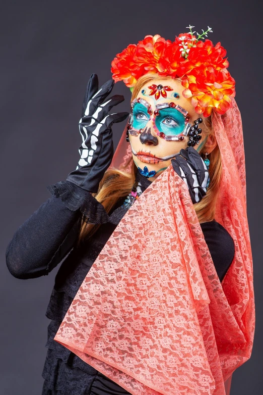 a woman in a day of the dead costume, a photo, studio portrait photo, far view, covered in coral, professional photo