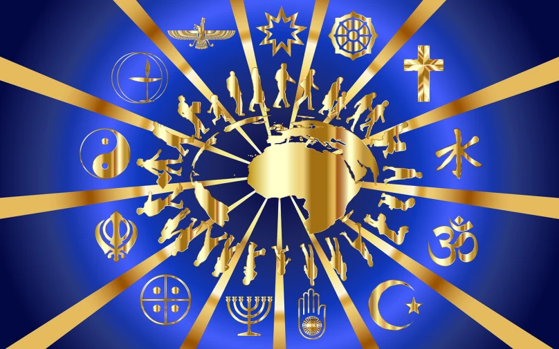 a golden heart surrounded by religious symbols on a blue background, symbolism, planet earth background, radiating, evangelionic illustration, many people worshipping