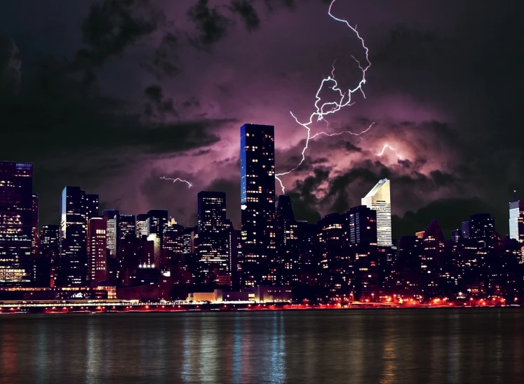 a city at night with a lightning bolt in the sky, by Andrei Kolkoutine, pexels contest winner, digital art, detalized new york background, storm!, beautiful screenshot, scary thunderstorm