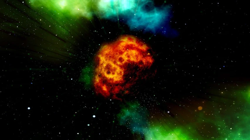 a close up of a star in the sky, a digital rendering, space art, glowing magma sphere, in a cosmic nebula background, space photo