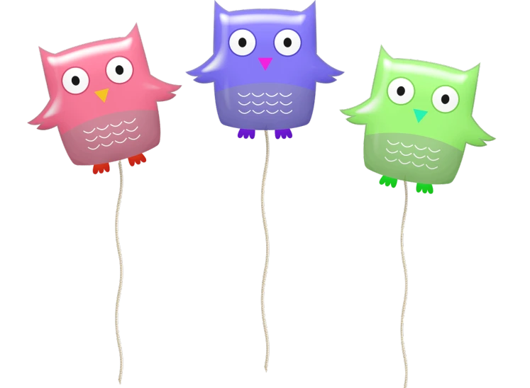 a group of three owls sitting on top of a string, a digital rendering, inspired by Ei-Q, lollipops, vivid!!, plastic, clipart