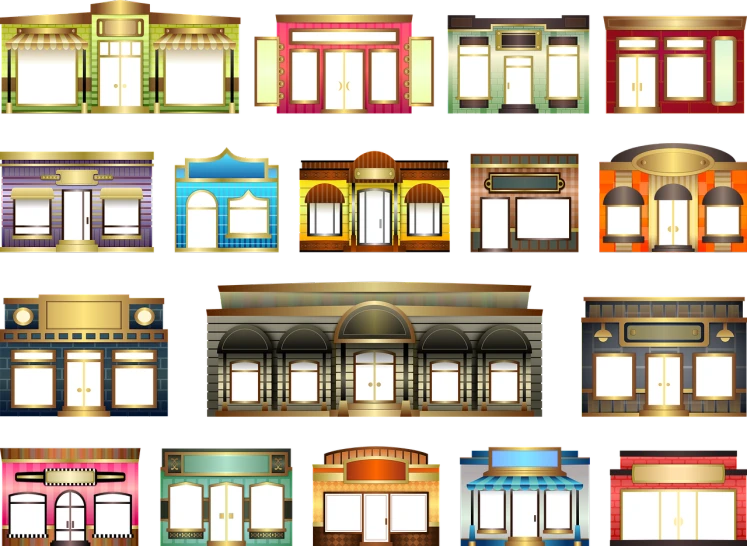 a bunch of different colored buildings on a black background, maximalism, award winning shopfront design, antique style, template, golden windows