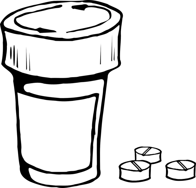 a pill bottle and pills on a black background, an illustration of, pixabay, illustration black outlining, trash can, top down drawing, black-and-white