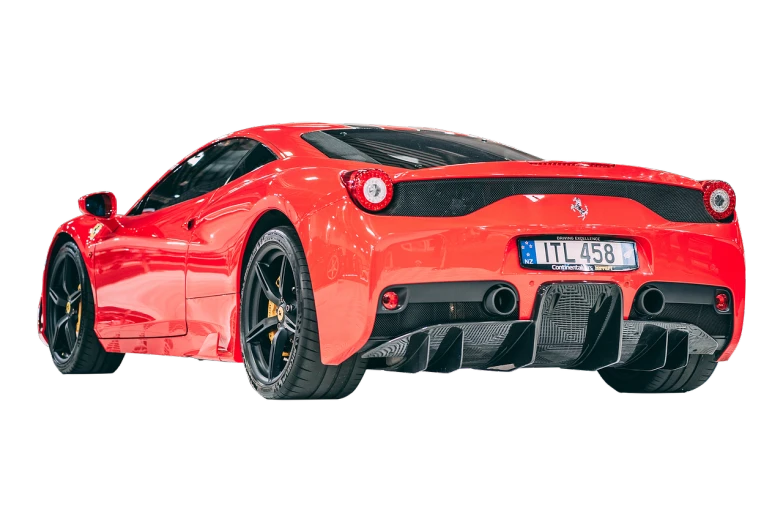 a red sports car on a black background, a digital rendering, inspired by Bernardo Cavallino, pexels contest winner, hurufiyya, ferrari 458, photo taken from behind, fully colored, high-contrast