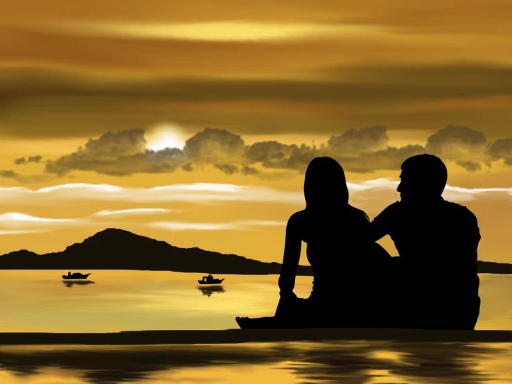 a couple sitting next to each other on a beach, a picture, by Martina Krupičková, shutterstock, romanticism, sunset illustration, liquid gold, digitally enhanced, boat