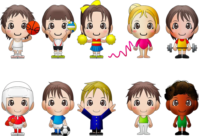 a group of cartoon people standing next to each other, a cartoon, mingei, sporty, toddler, aoshima chiho, detailed pupils