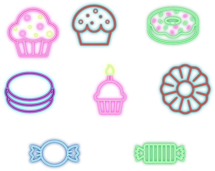 a bunch of different colored stickers on a black background, vector art, by Anna Findlay, pop art, eating cakes, neon backlighting, icon, cutie mark