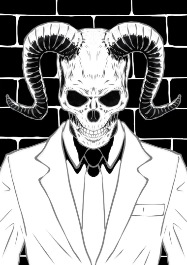 a black and white drawing of a skull in a tuxedo, inspired by Andrei Kolkoutine, tumblr, sots art, fit male demon with white horns, desktop background, goat, black and white manga panel