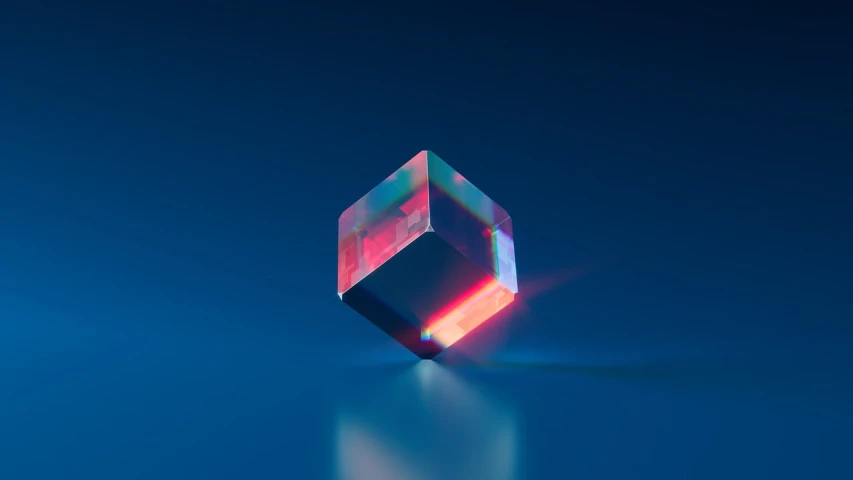 a crystal sitting on top of a blue surface, a hologram, trending on behance, colorful redshift render, solid cube of light, red and blue reflections, miniature product photo