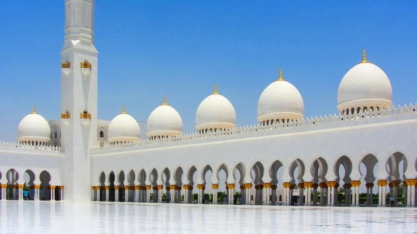 a large white building with many white domes, inspired by Sheikh Hamdullah, trending on pixabay, arabesque, marble columns in background, al fresco, awe - inspiring award - winning, gulf