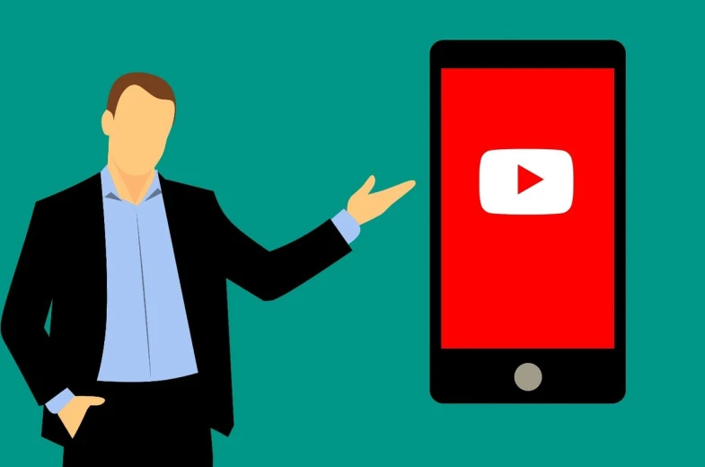 a man standing next to a cell phone with a video on the screen, pixabay, youtube logo, cartoonish and simplistic, advertising, definition