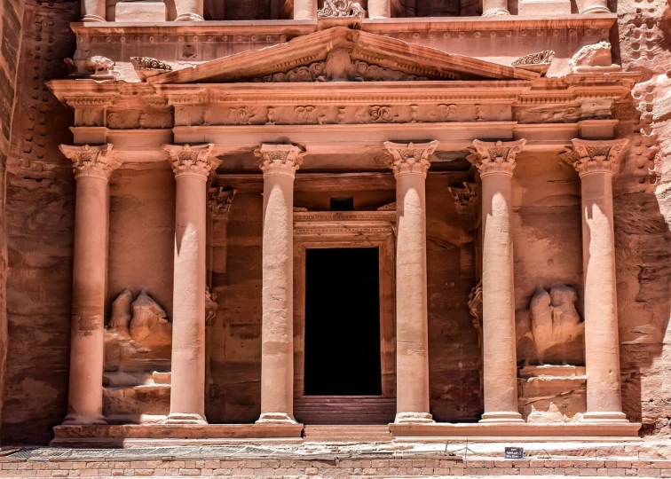 a building built into the side of a mountain, a picture, shutterstock, visual art, roman pillars, jordan, front view dramatic, usa-sep 20