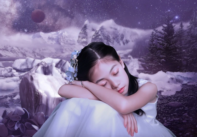 a girl in a white dress with a flower in her hair, digital art, inspired by Tang Yifen, magical realism, asleep, maternal photography 4 k, cold freezing nights, kids
