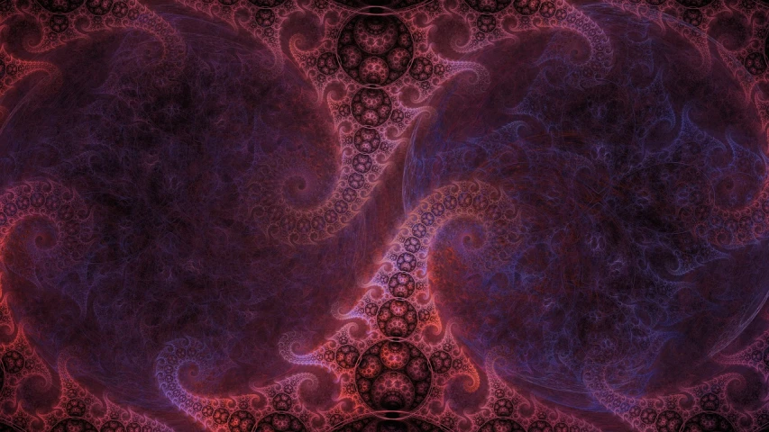 a computer generated image of two circles, digital art, inspired by Benoit B. Mandelbrot, generative art, ornate tentacles growing around, purple and red, fractal lace, wallpaper mobile